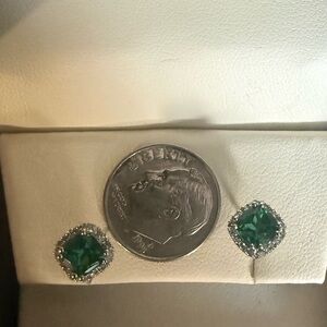 Emerald, diamond chip, sterling silver stud earrings